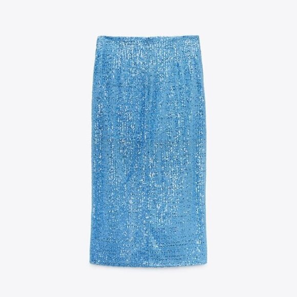 ZARA SEQUIN MIDI SKIRT BLUE SIZE| 7969/051/400 - Picture 3 of 10